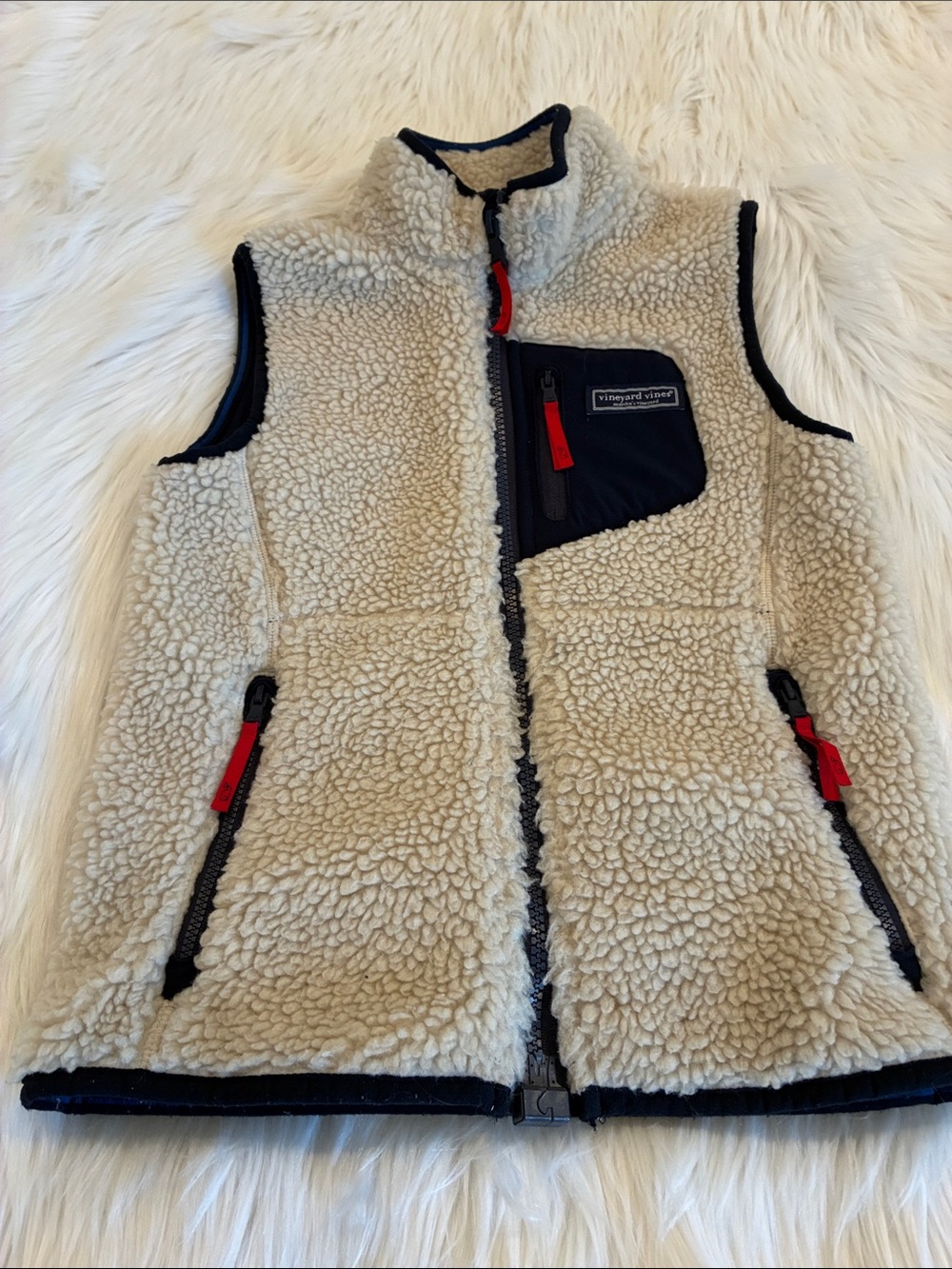 Vineyard Vines  Boys Cream Sherpa Vest with Navy Trim